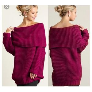UMGEE Wine Off Shoulder Chunky Knit L/S Sweater
